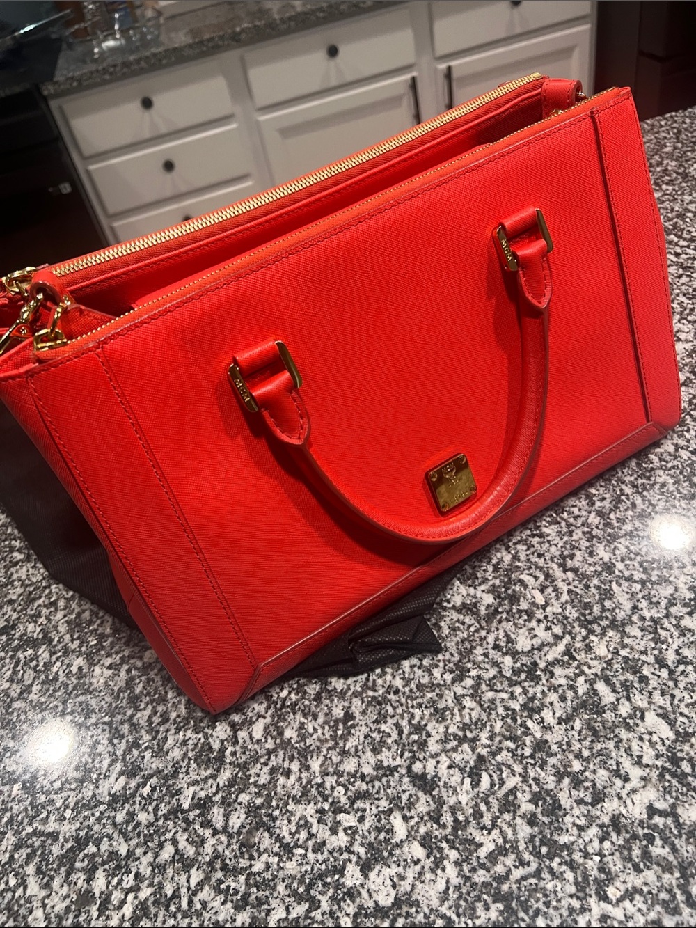 MCM Large Saffiano Tote, Red Structured Satchel with Gold Hardware